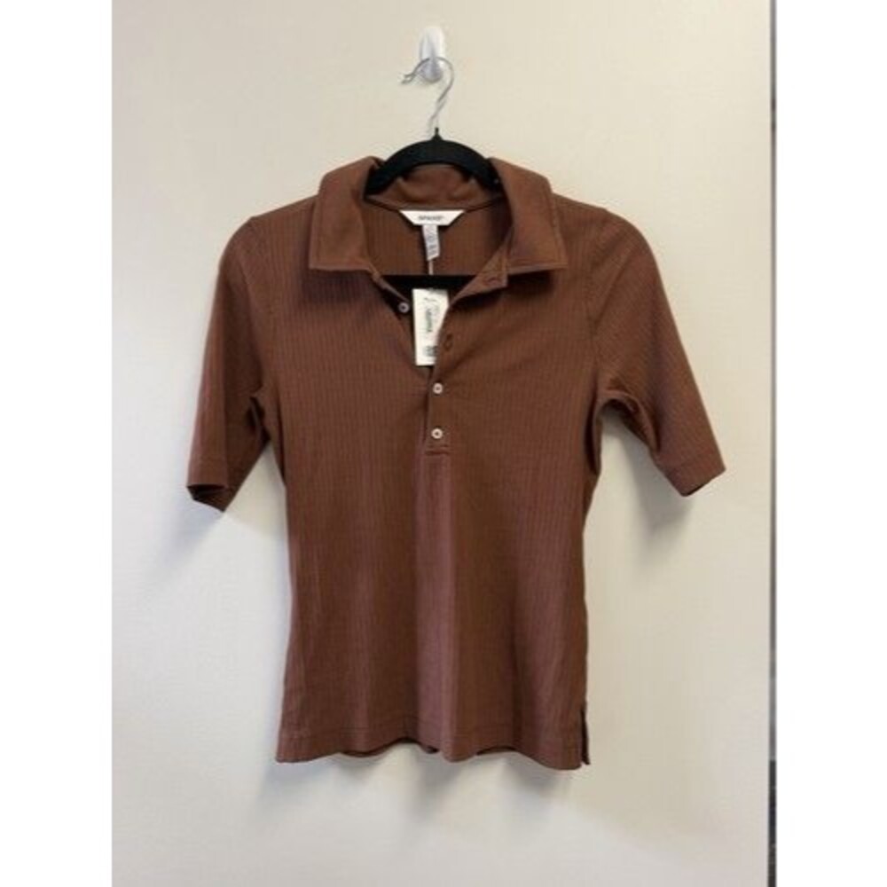 SPANX Women's Brown Ribbed Knit Collared Button Polo Top Short Sleeve Small P